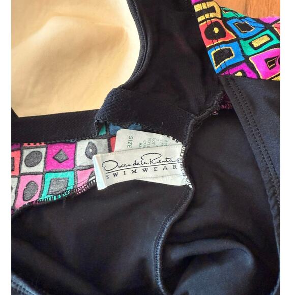 Vintage 80s Oscar de la Renta Swimsuit Size 16 Geometric Metallic Slimming - Picture 9 of 11